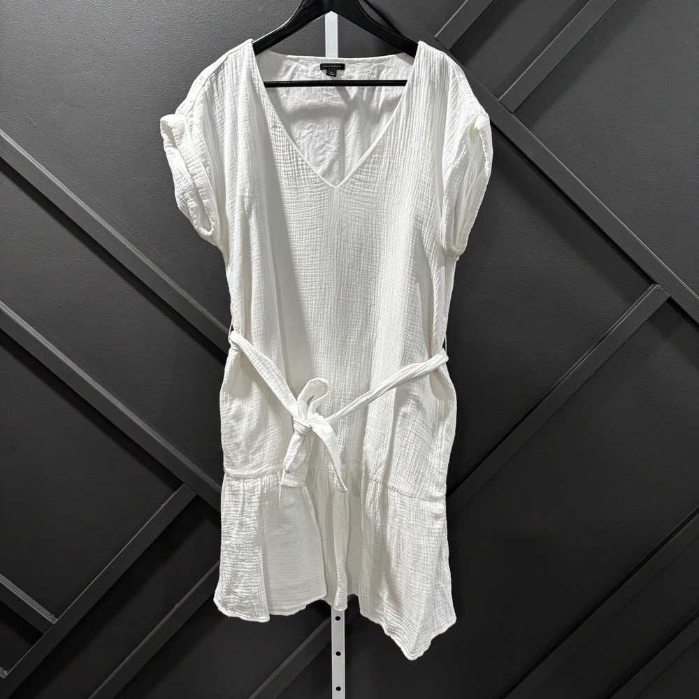 Ann Taylor Gauze Midi Dress Size S White V Neck Belted Tiered Coastal